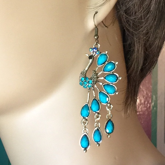 Teal Peacock Earrings - Picture 2 of 8